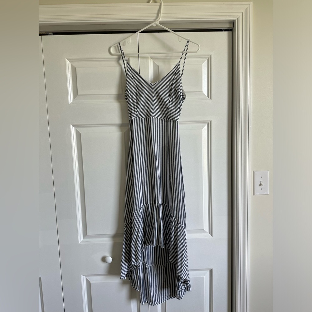 Gray and white high lo midi dress from Saved By the Dress. FITS LIKE A SMALL